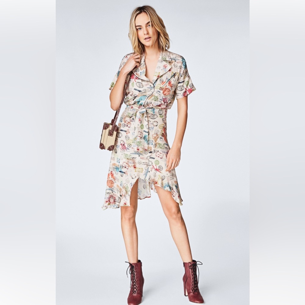 Nicole Miller Women’s Asymmetrical Dress Size P Passport Travel Print